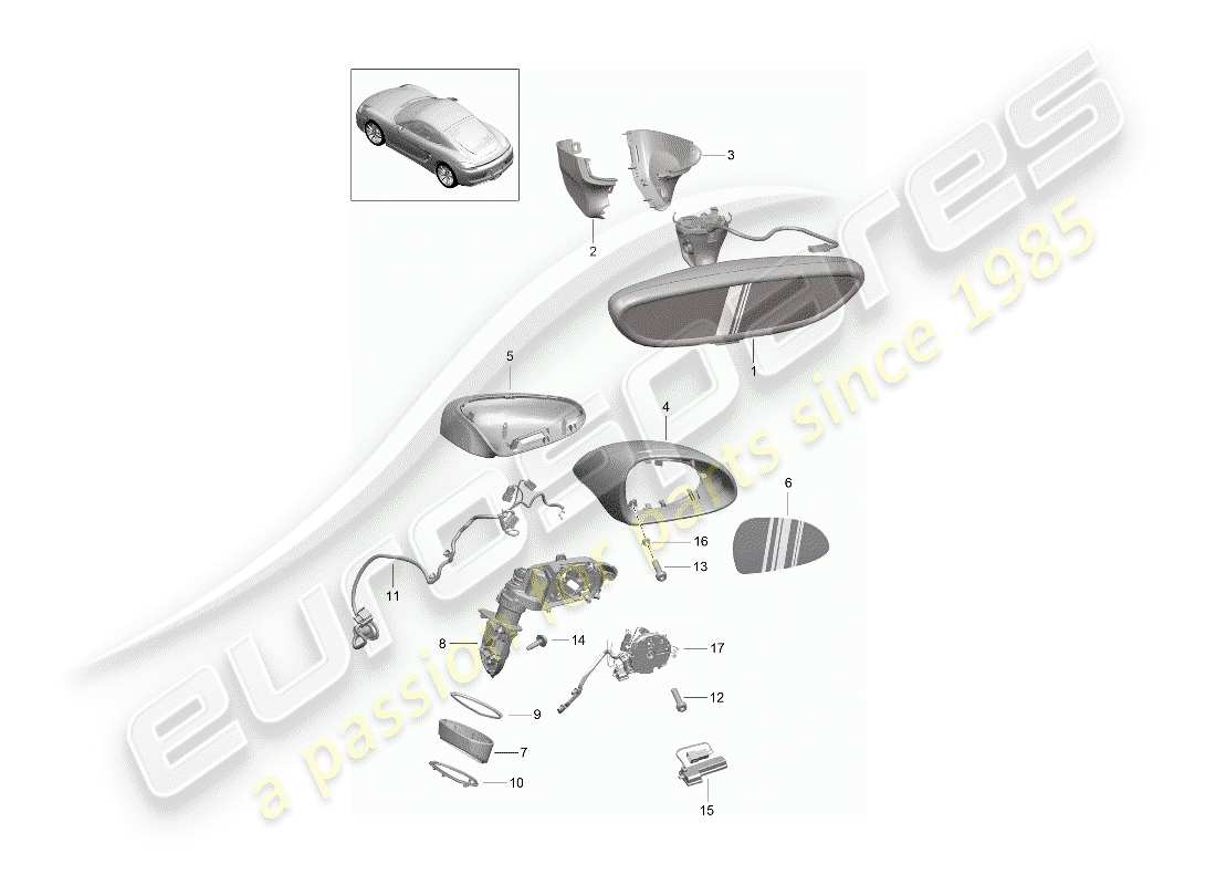 porsche cayman 981 (2014) rear view mirror inner parts diagram