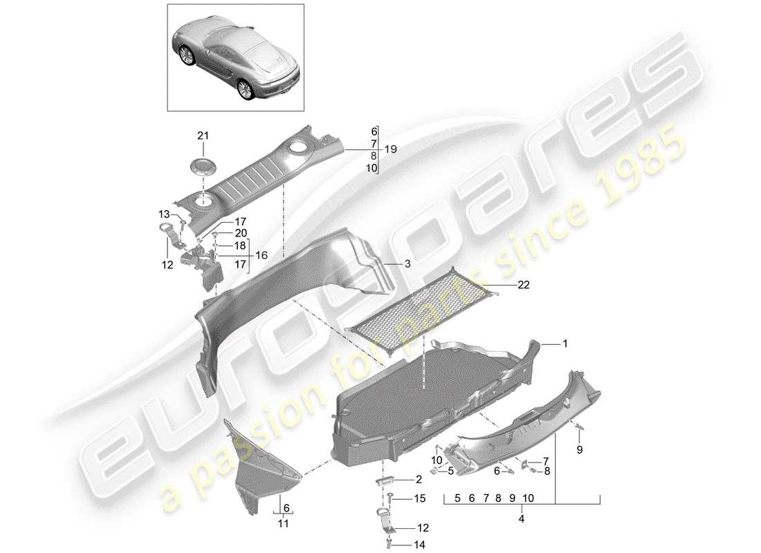 porsche cayman 981 (2014) luggage compartment parts diagram