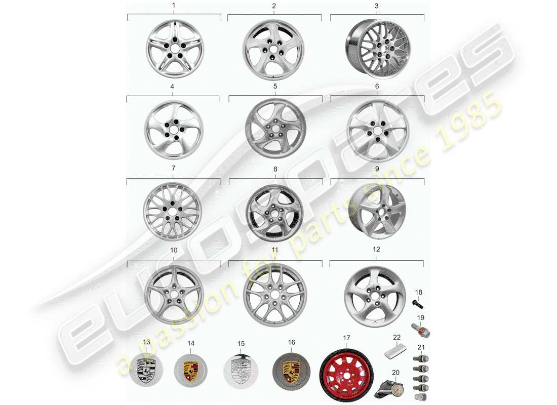 porsche boxster 986 (1998) alloy wheel part diagram