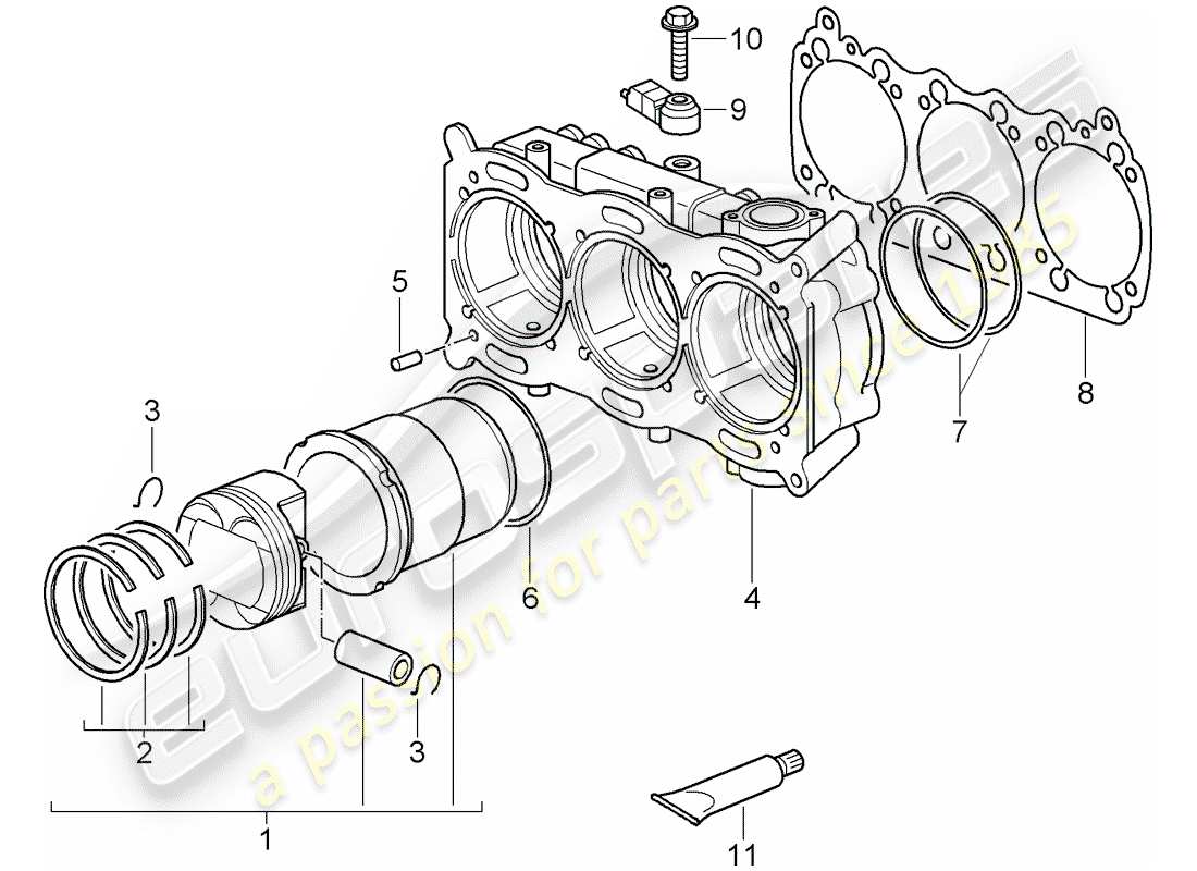 porsche 997 gt3 (2007) cylinder with pistons parts diagram