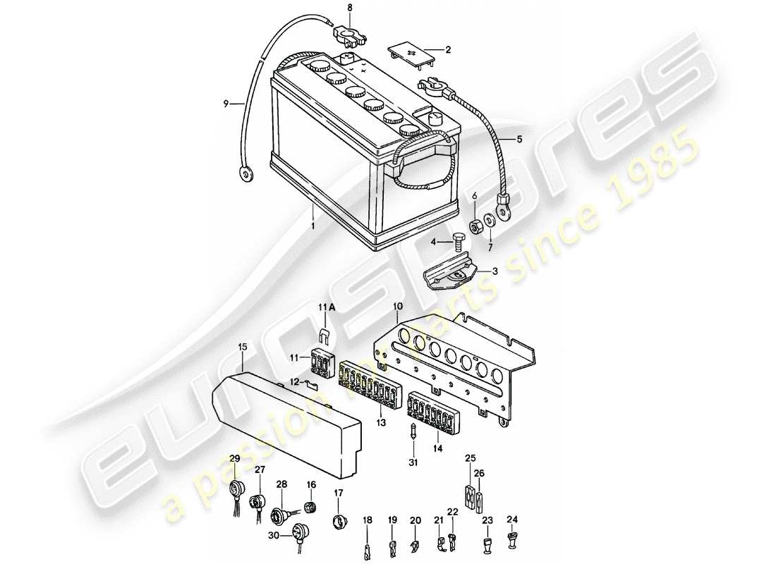 porsche 911 (1983) battery - fuse box parts diagram