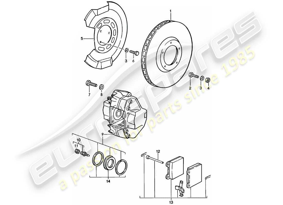 porsche 911 (1983) disc brakes - front axle parts diagram