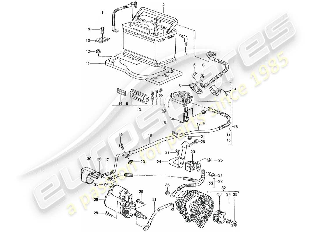 porsche 996 gt3 (2003) battery - junction box - starter - alternator - main battery switch parts diagram
