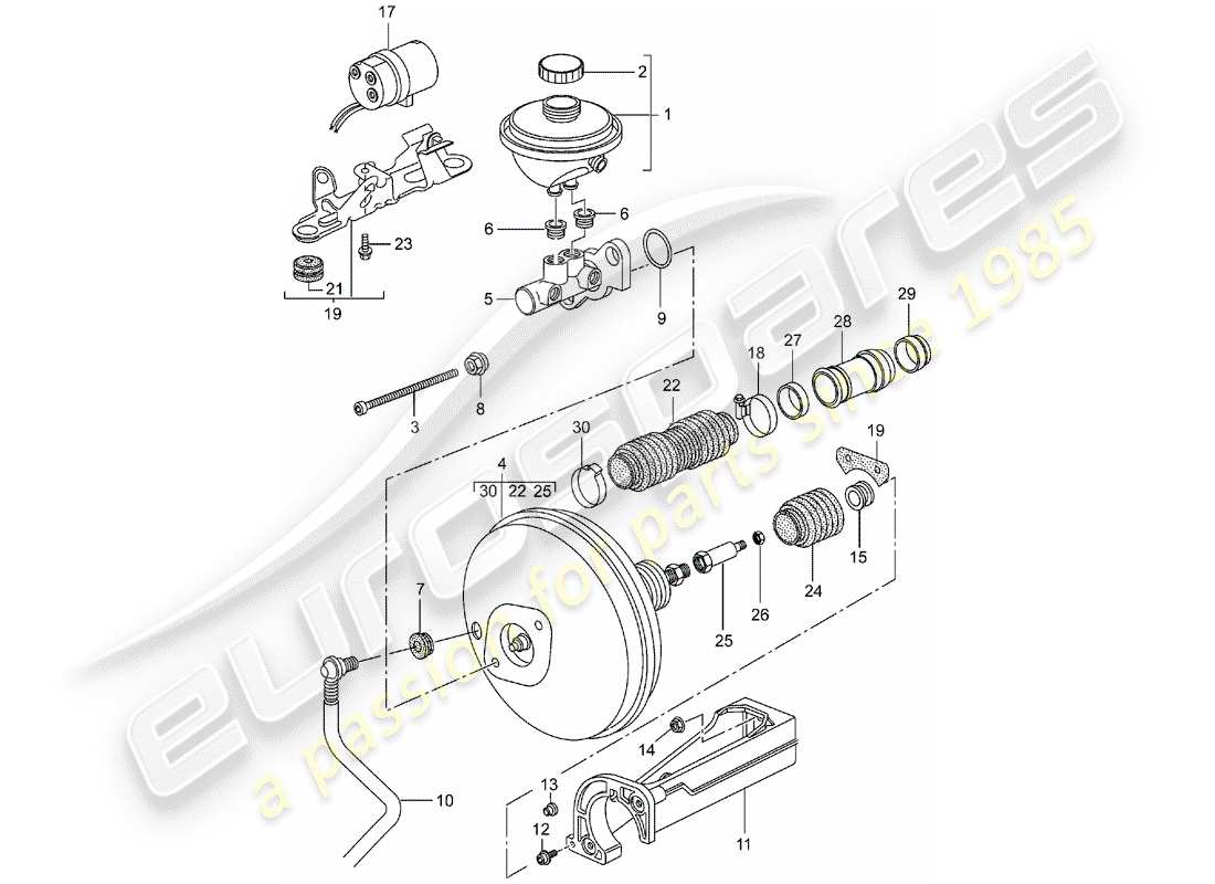 porsche boxster 986 (2002) brake master cylinder - brake booster - clutch pump parts diagram