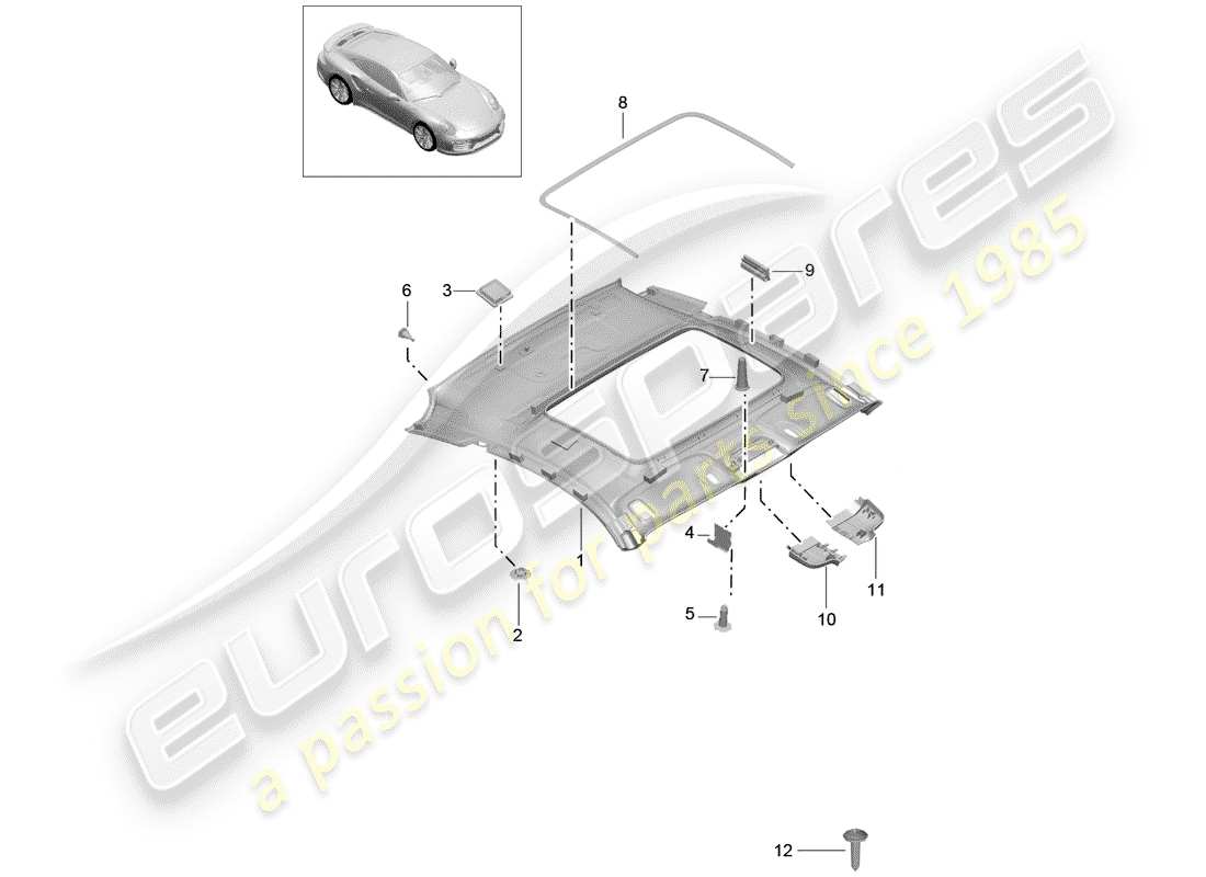 porsche 991 turbo (2016) roof trim panel parts diagram
