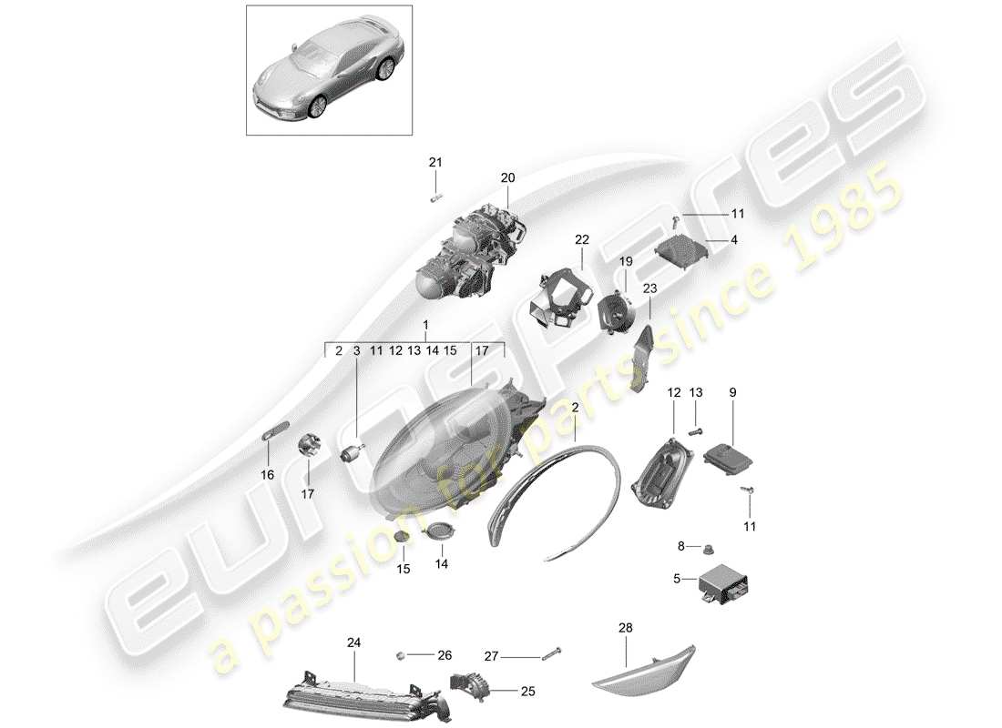 porsche 991 turbo (2015) headlamp parts diagram