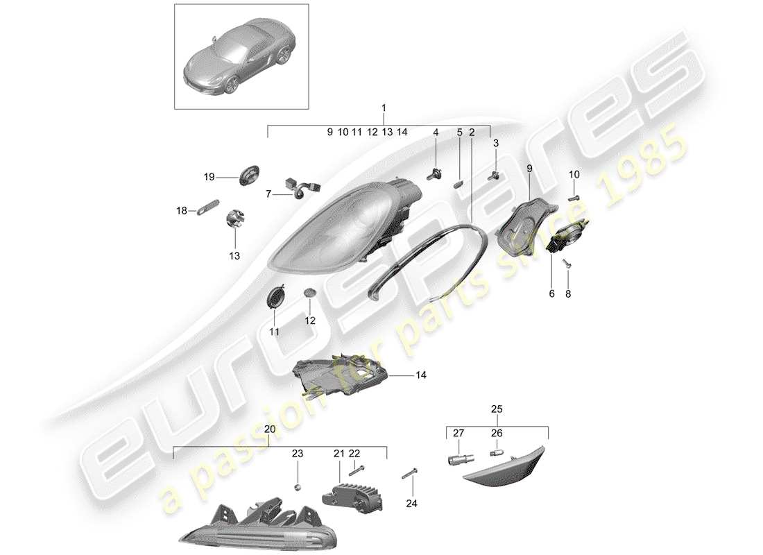 porsche boxster 981 (2012) headlamp part diagram