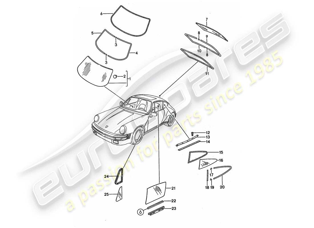 porsche 1988 (911) window glazing parts diagram