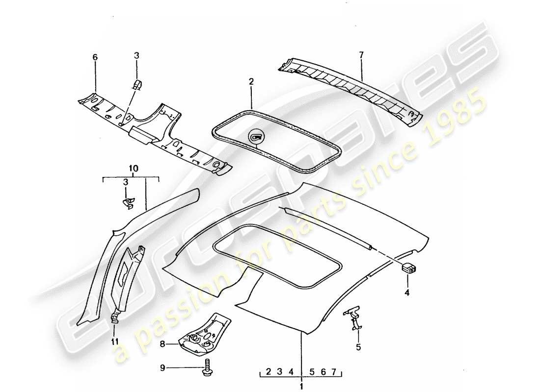 porsche 996 (2004) roof trim panel - a-pillar parts diagram