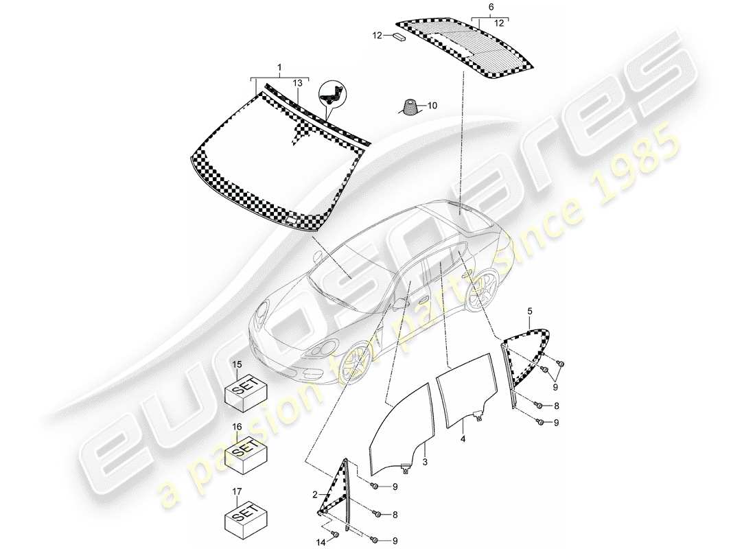 porsche panamera 970 (2016) window glazing part diagram