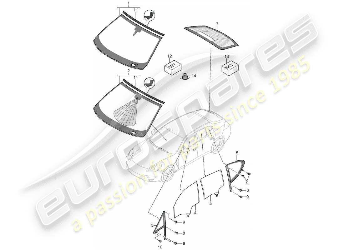 porsche panamera 970 (2016) window glazing part diagram