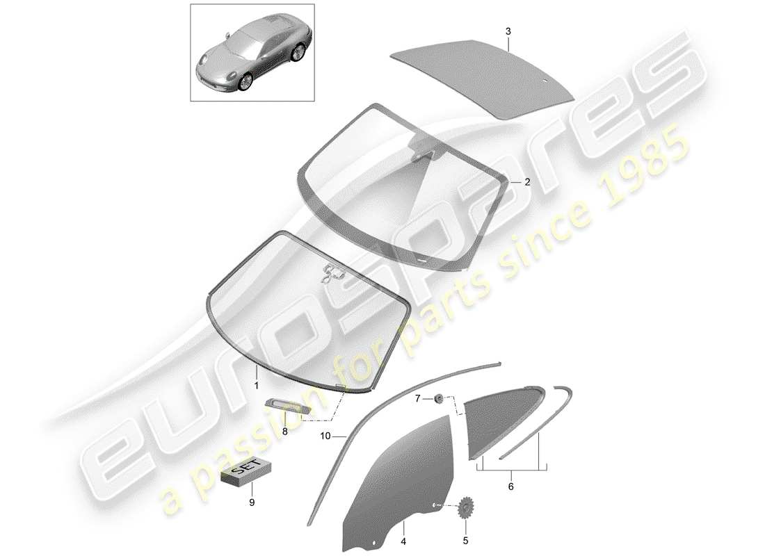 porsche 991 (2013) window glazing part diagram