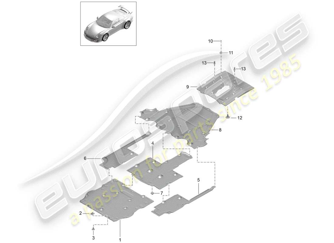porsche 991r/gt3/rs (2019) underbody lining parts diagram