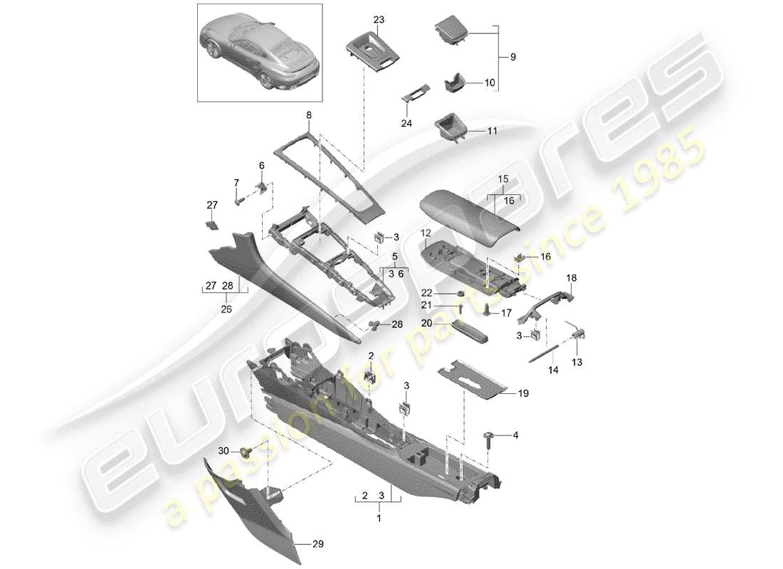 porsche 991 t/gt2rs center console part diagram