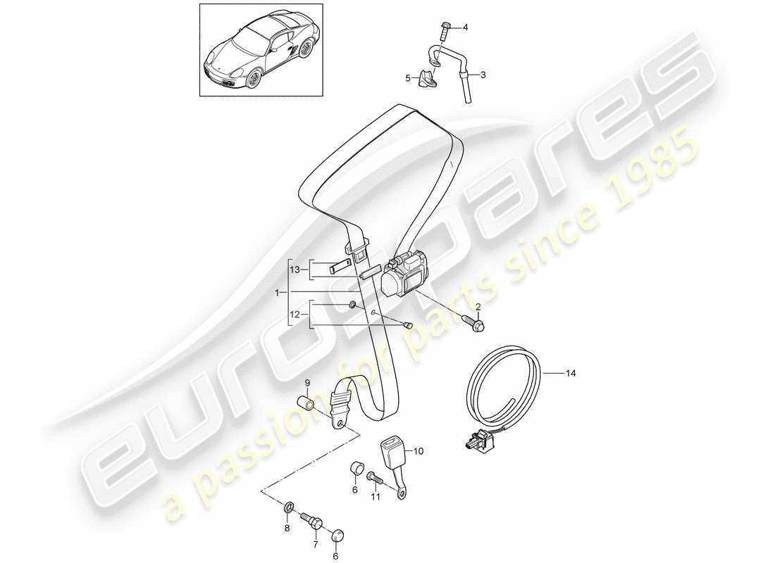 porsche cayman 987 (2009) three-point seat belt part diagram