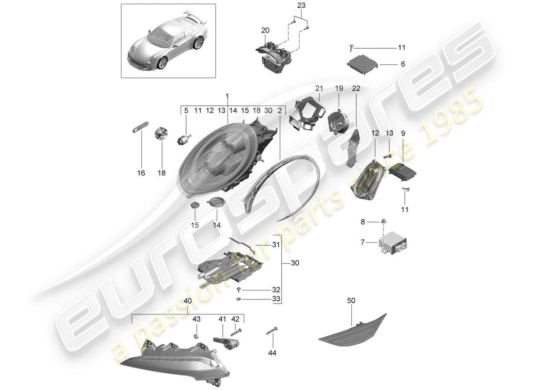 porsche 991r/gt3/rs (2020) led headlight parts diagram