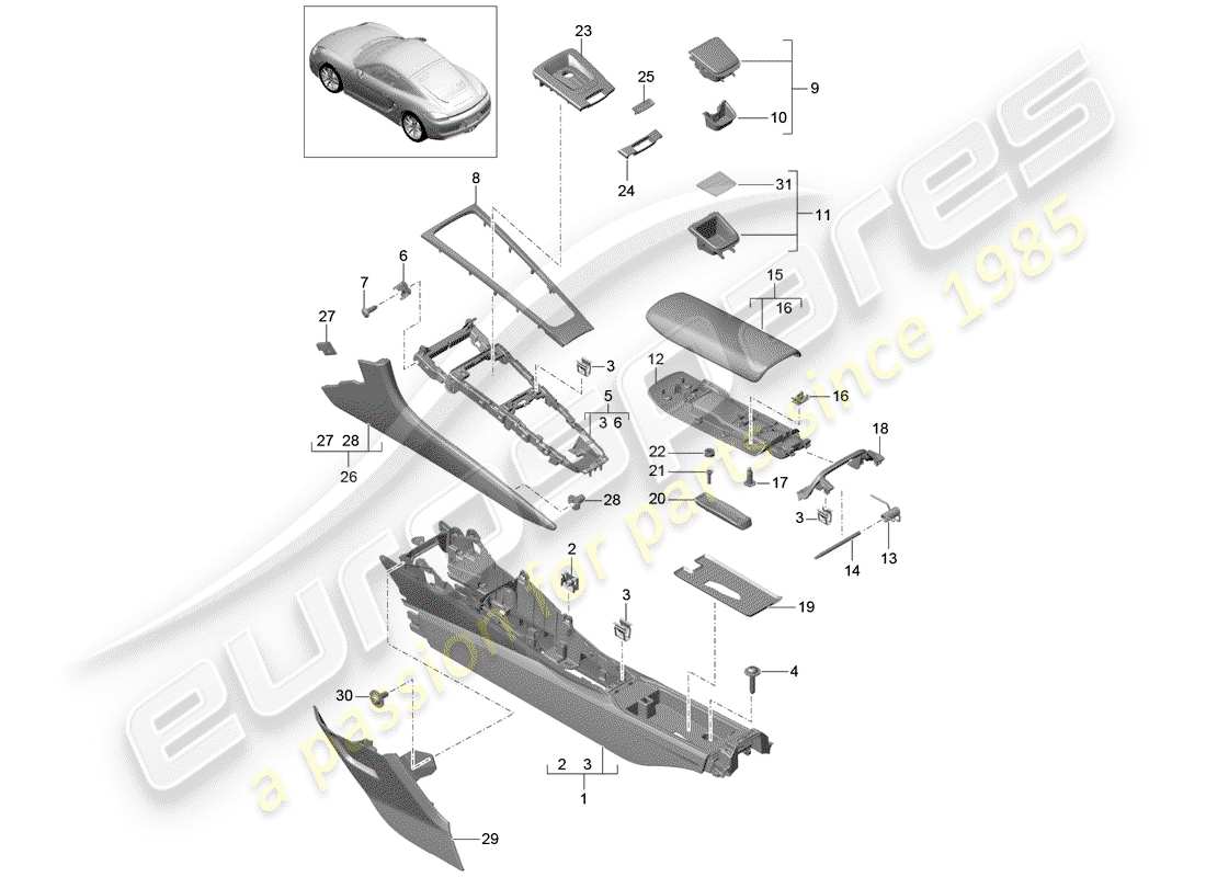 porsche cayman 981 (2016) center console part diagram