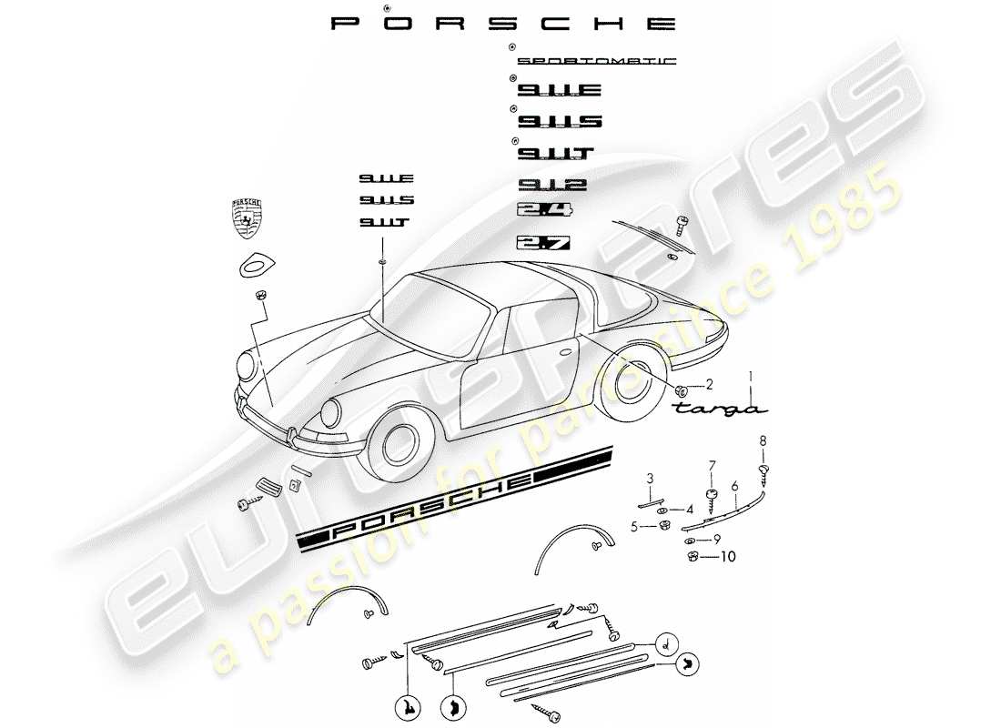 porsche 911 (1973) decorative fittings part diagram