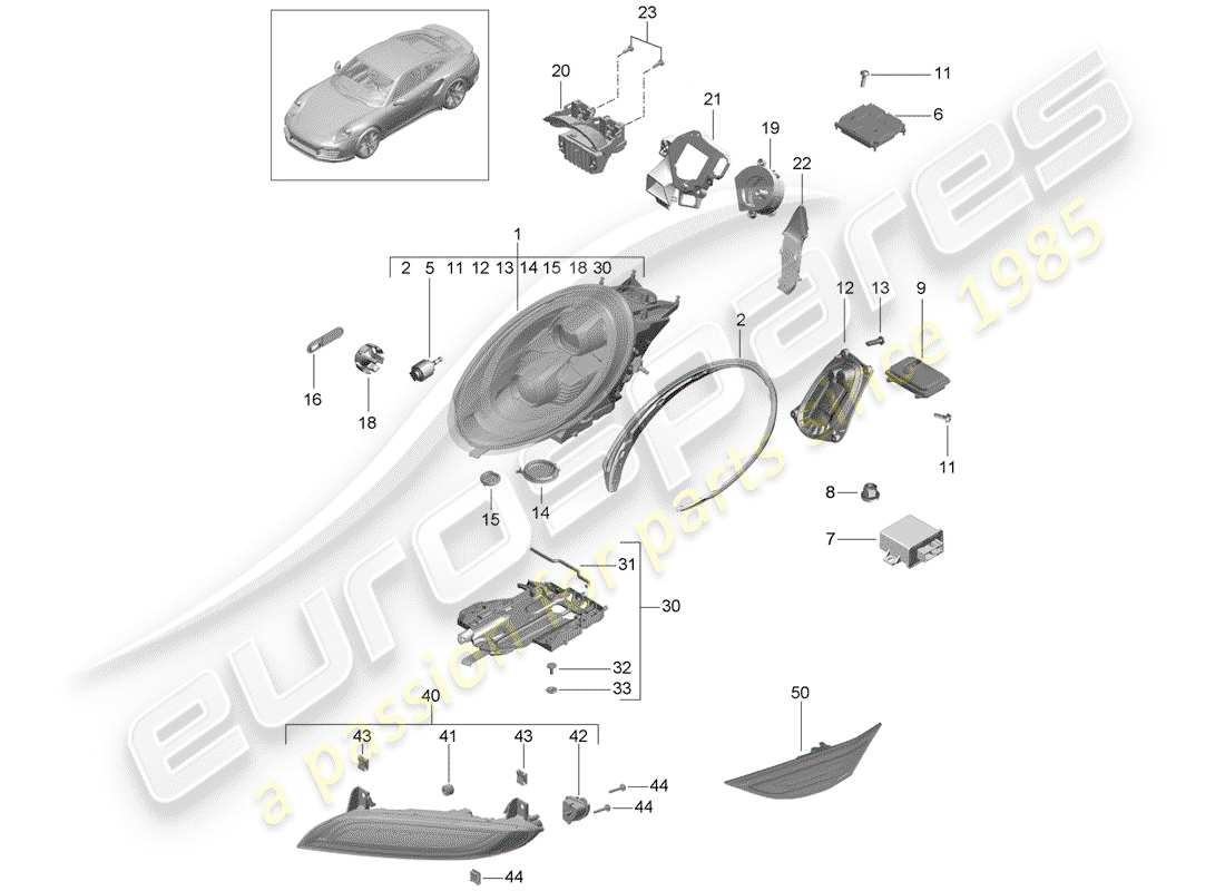 porsche 991 t/gt2rs led headlight part diagram