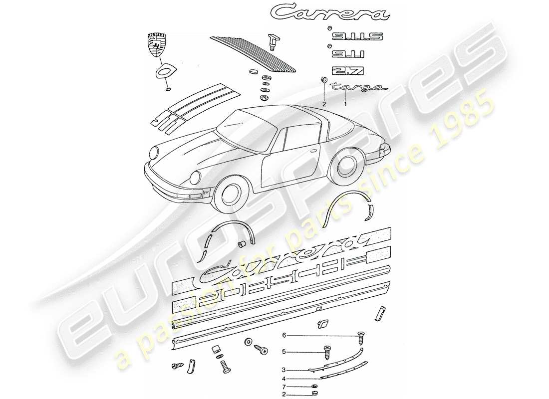 porsche 911 (1977) decorative fittings part diagram