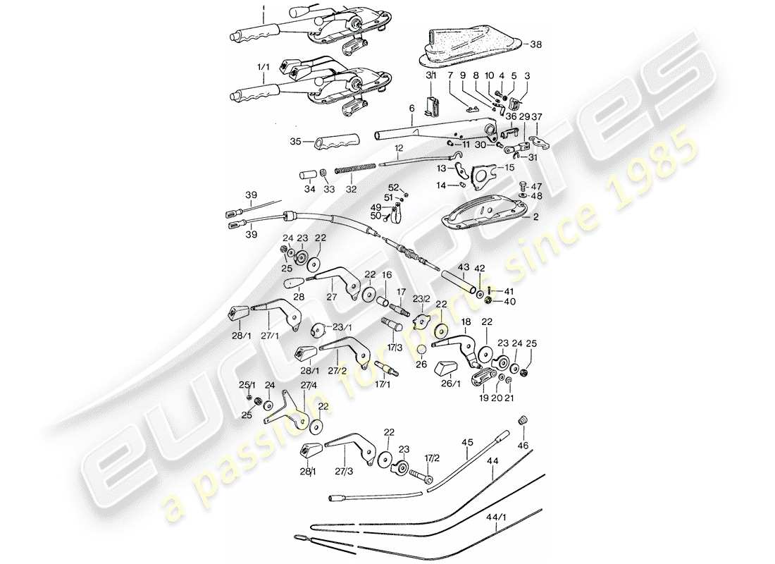 porsche 1977 (911) operating lever - handbrake - manual throttle parts diagram