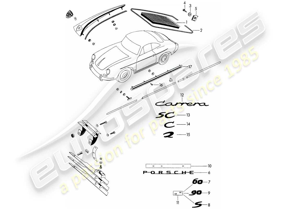 porsche 356b/356c (1963) decorative fittings - - parts not listed - see group - 8/10/00 part diagram