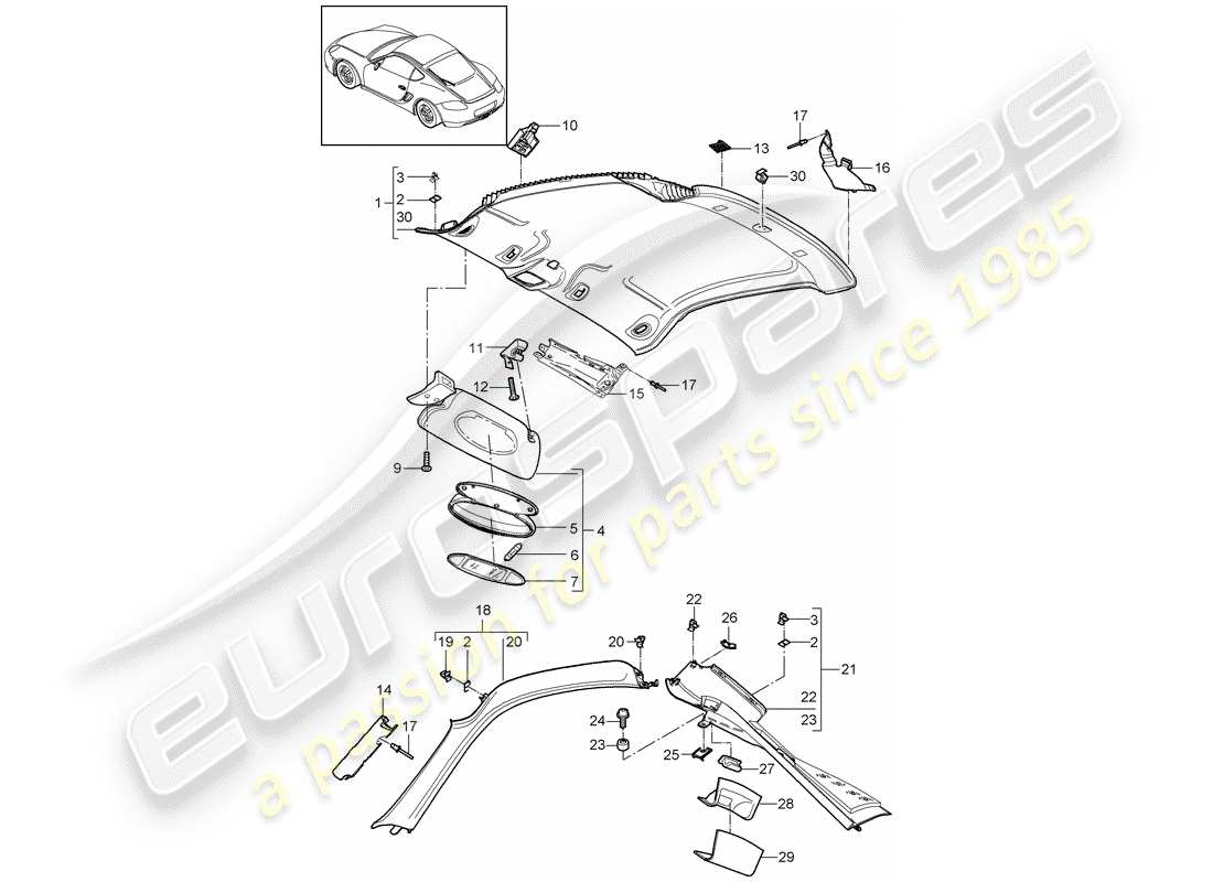 porsche cayman 987 (2010) roof trim panel parts diagram