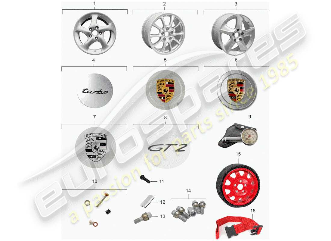 porsche 996 t/gt2 (2003) wheels parts diagram