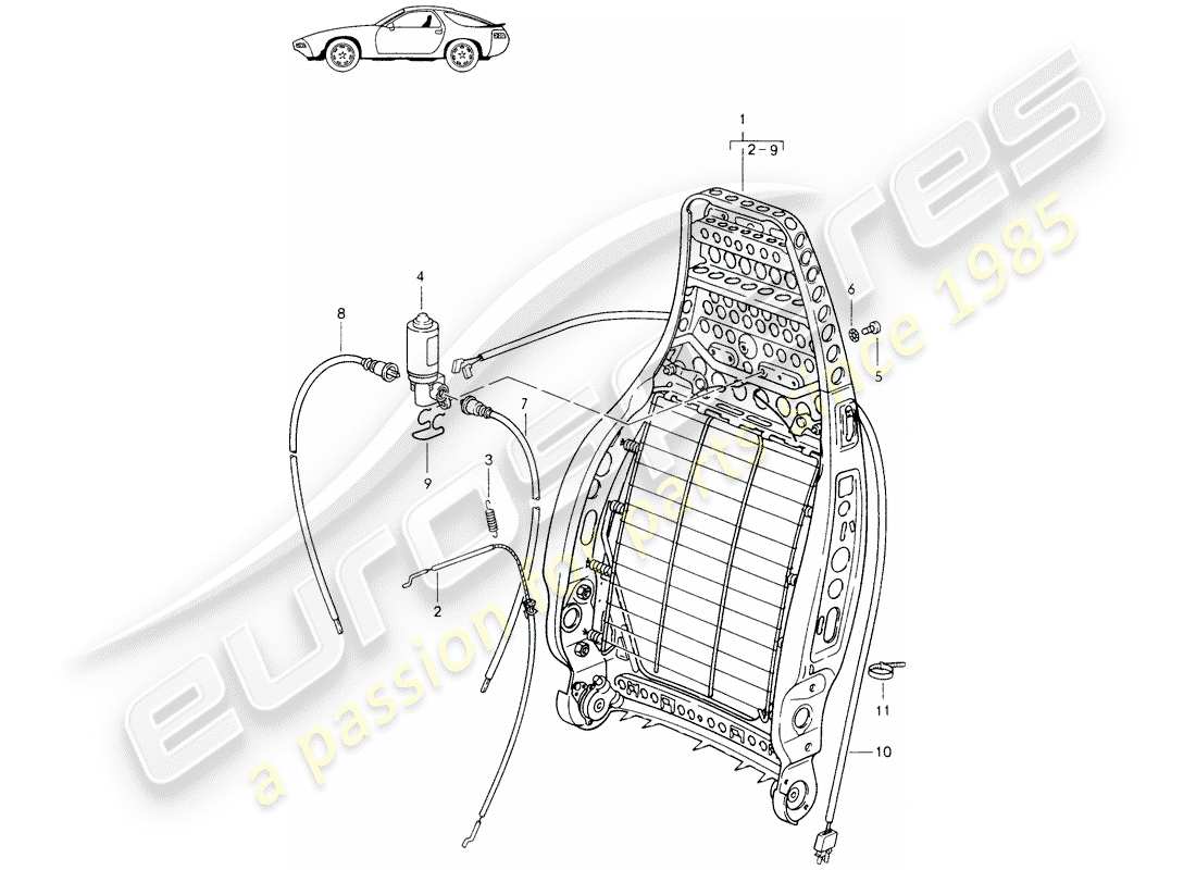 porsche seat 944/968/911/928 (1994) backrest frame - d - mj 1985>> - mj 1986 part diagram