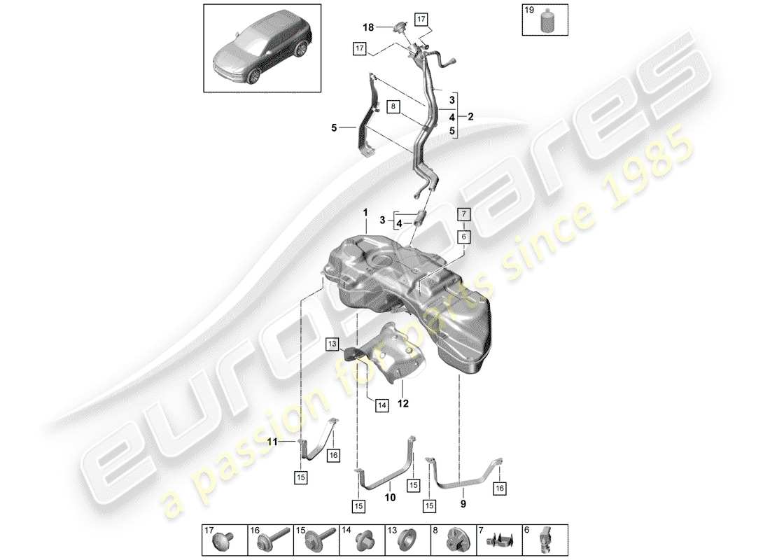 porsche cayenne e3 (2019) fuel tank with part diagram