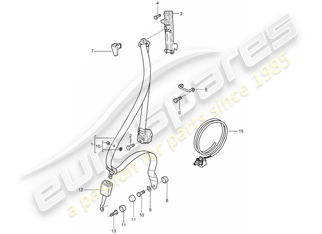 porsche 996 t/gt2 (2001) seat belt parts diagram