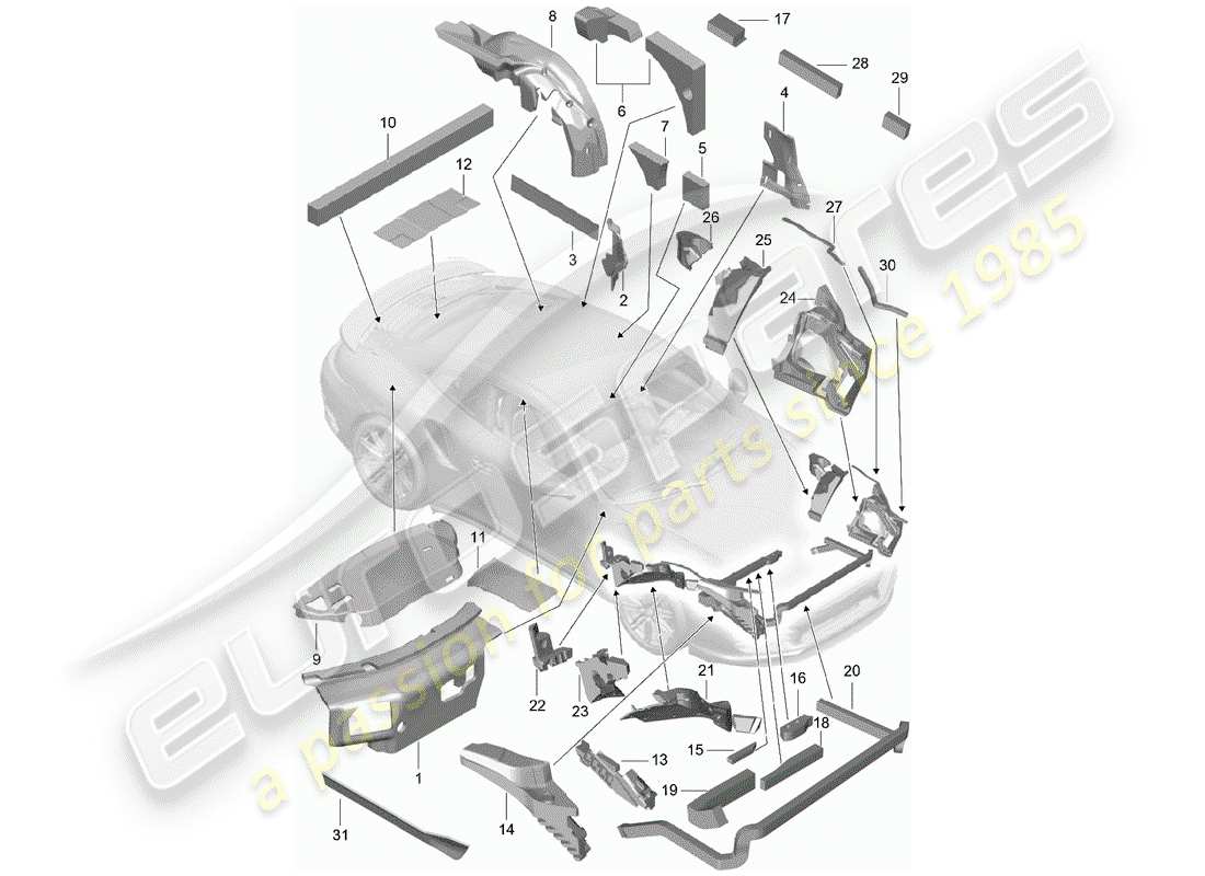 porsche 991 turbo (2019) body shell part diagram