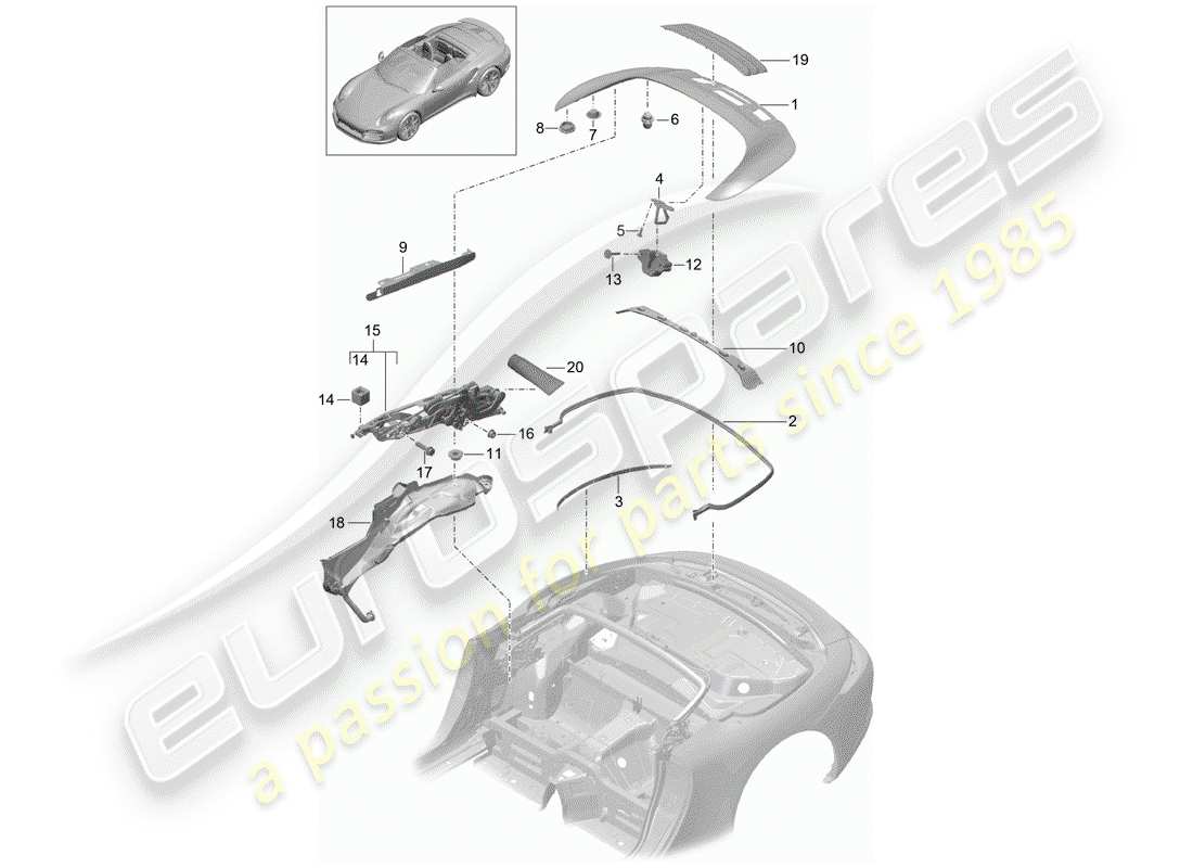 porsche 991 turbo (2014) top stowage box parts diagram