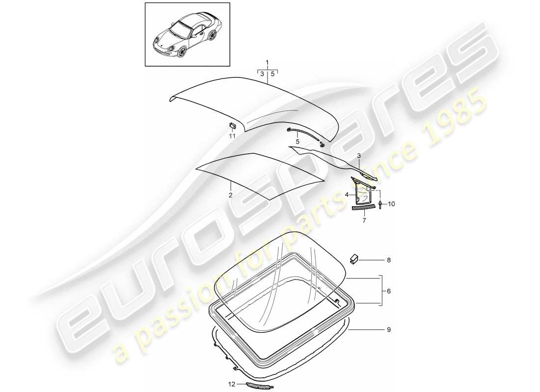 porsche 997 gen. 2 (2011) convertible top covering parts diagram
