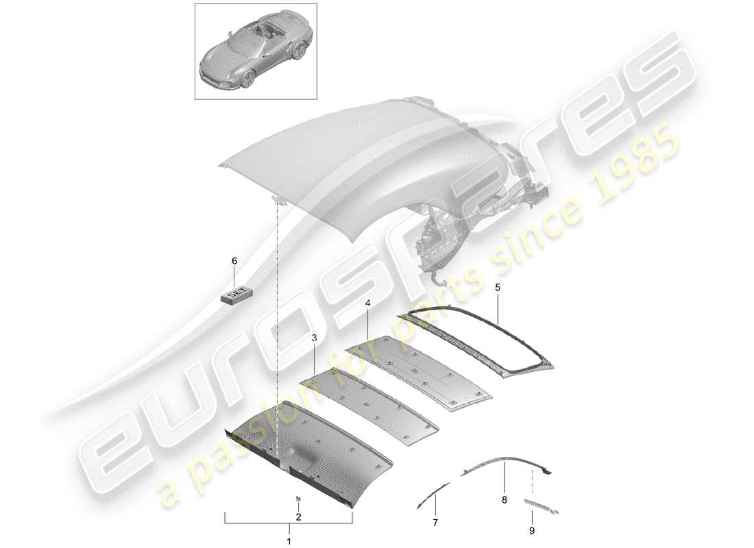 porsche 991 t/gt2rs convertible top part diagram