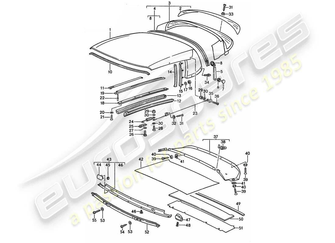 porsche 911 (1987) convertible top covering - seal strip - single parts part diagram