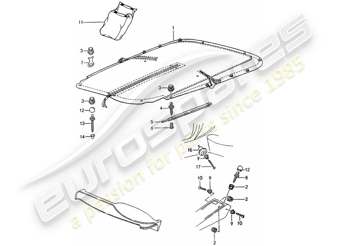 porsche 964 (1990) tonneau cover part diagram