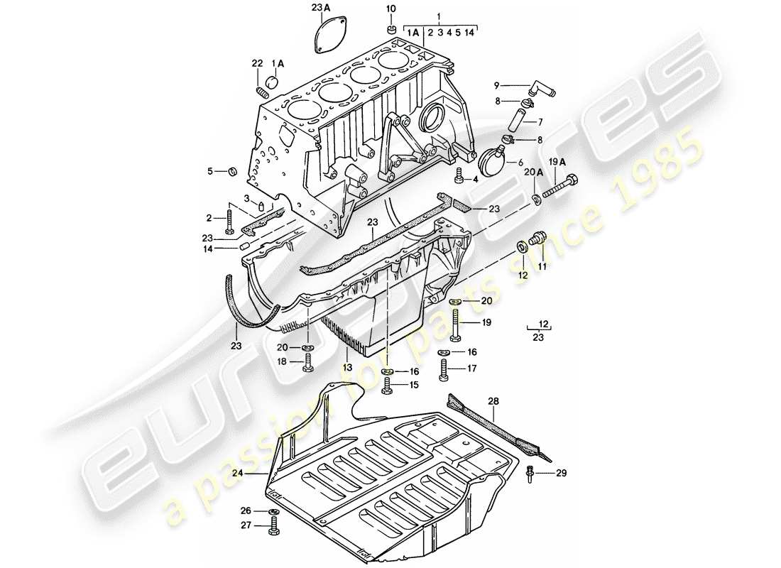 porsche 924 (1979) cylinder block - with pistons - oil pan - protective plate f. engine part diagram