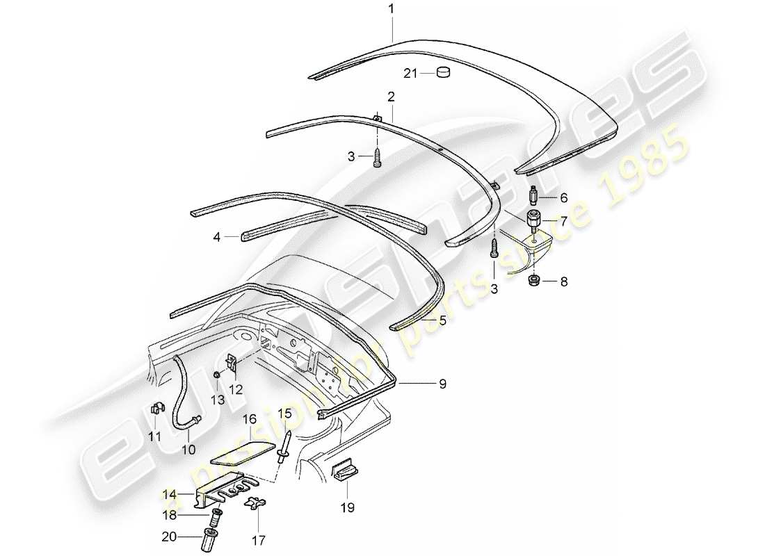 porsche boxster 986 (1997) top stowage box - cover - gaskets part diagram