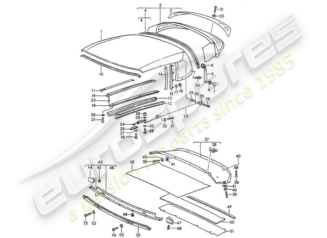 porsche 964 (1989) convertible top covering - seal strip - single parts part diagram