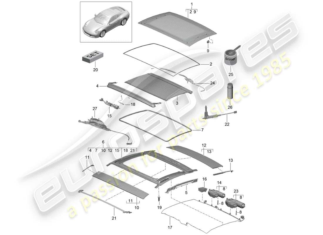 porsche 991 gen. 2 (2020) glass roof parts diagram