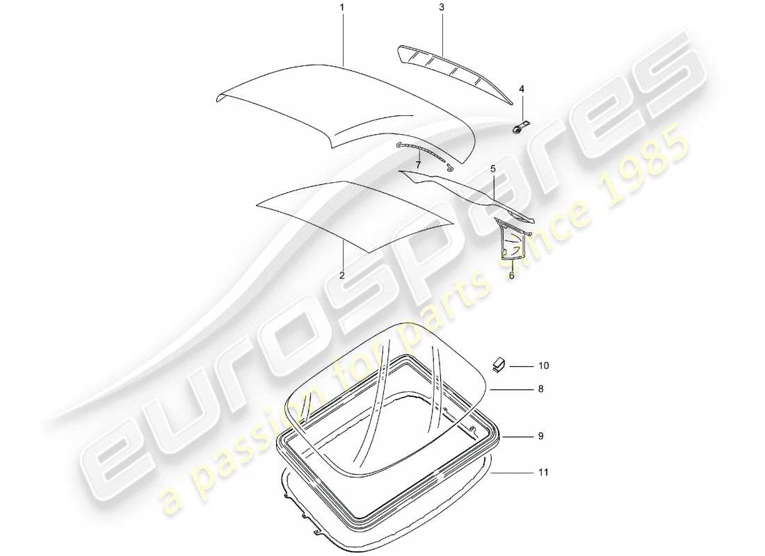 porsche 996 (2000) convertible top covering - roof trim panel part diagram