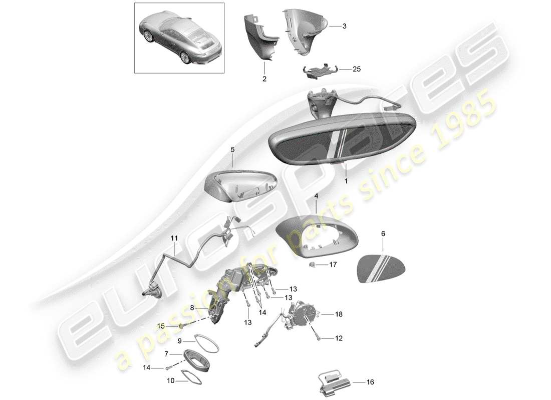 porsche 991 gen. 2 (2018) rear view mirror inner parts diagram