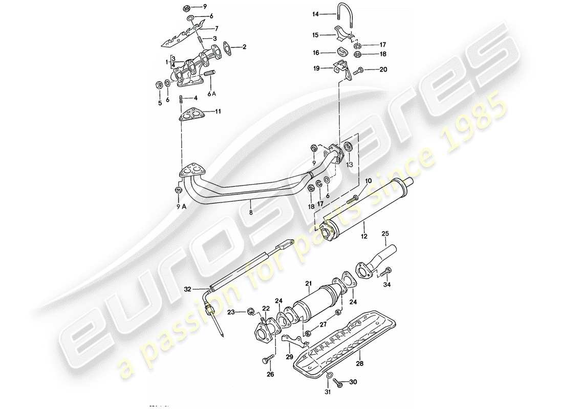 porsche 924 (1976) exhaust system - exhaust silencer, front parts diagram