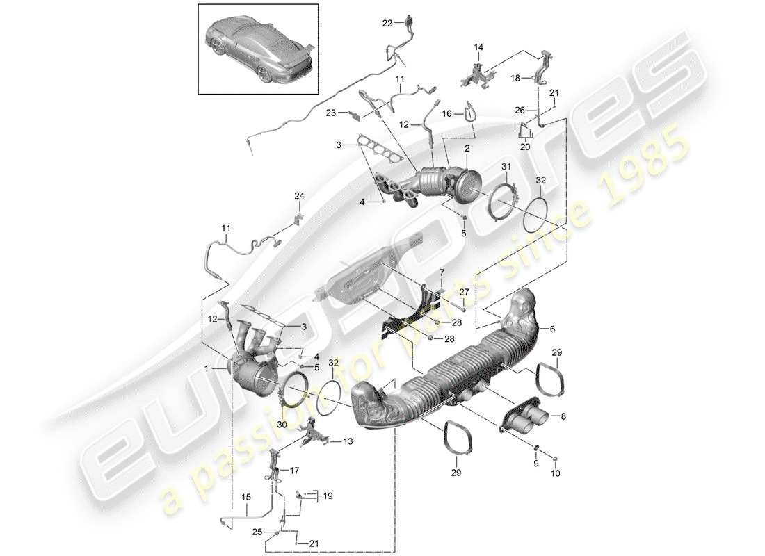 porsche 991r/gt3/rs (2015) exhaust system parts diagram