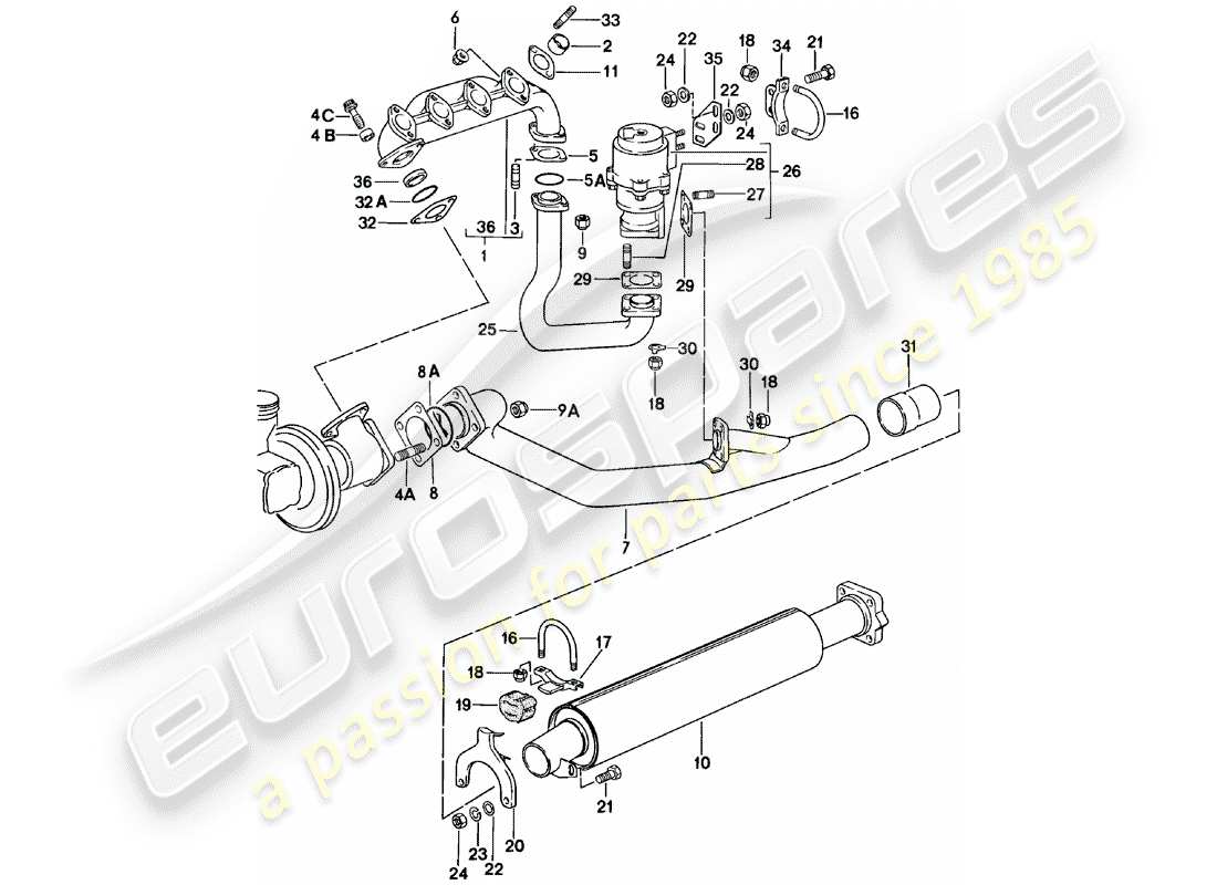 porsche 924 (1980) exhaust system - exhaust silencer, front part diagram