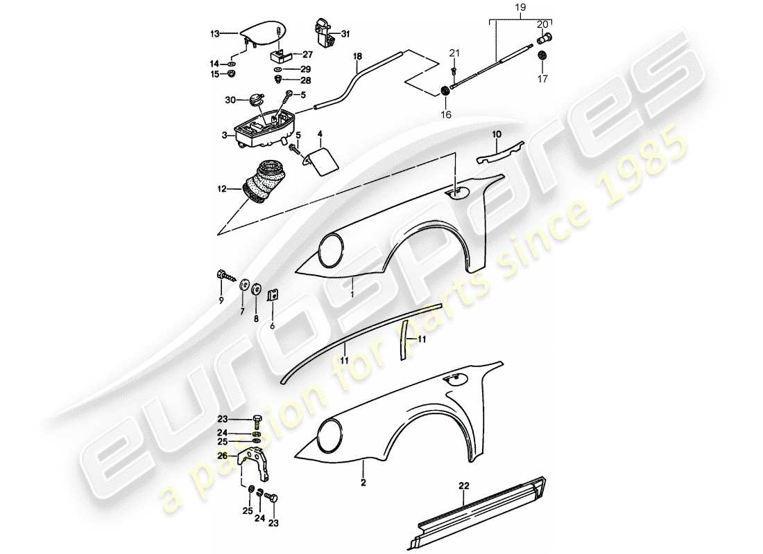 porsche 911 (1987) fender - with: - plastic cup for tank - to fit use workshop material parts diagram