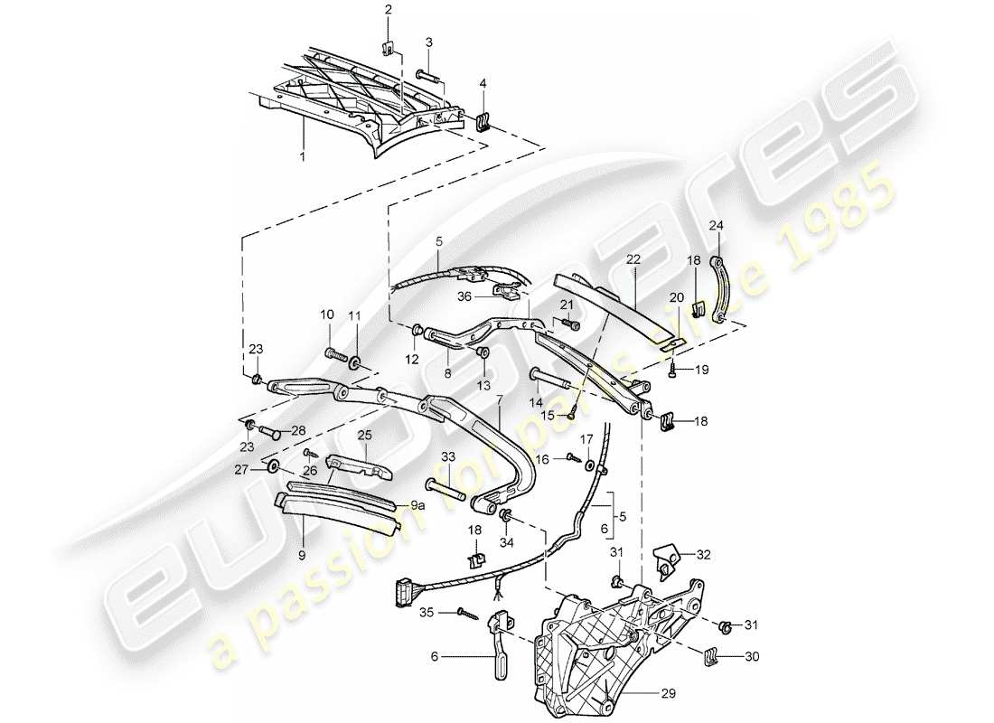 porsche 996 t/gt2 (2004) top frame - single parts parts diagram