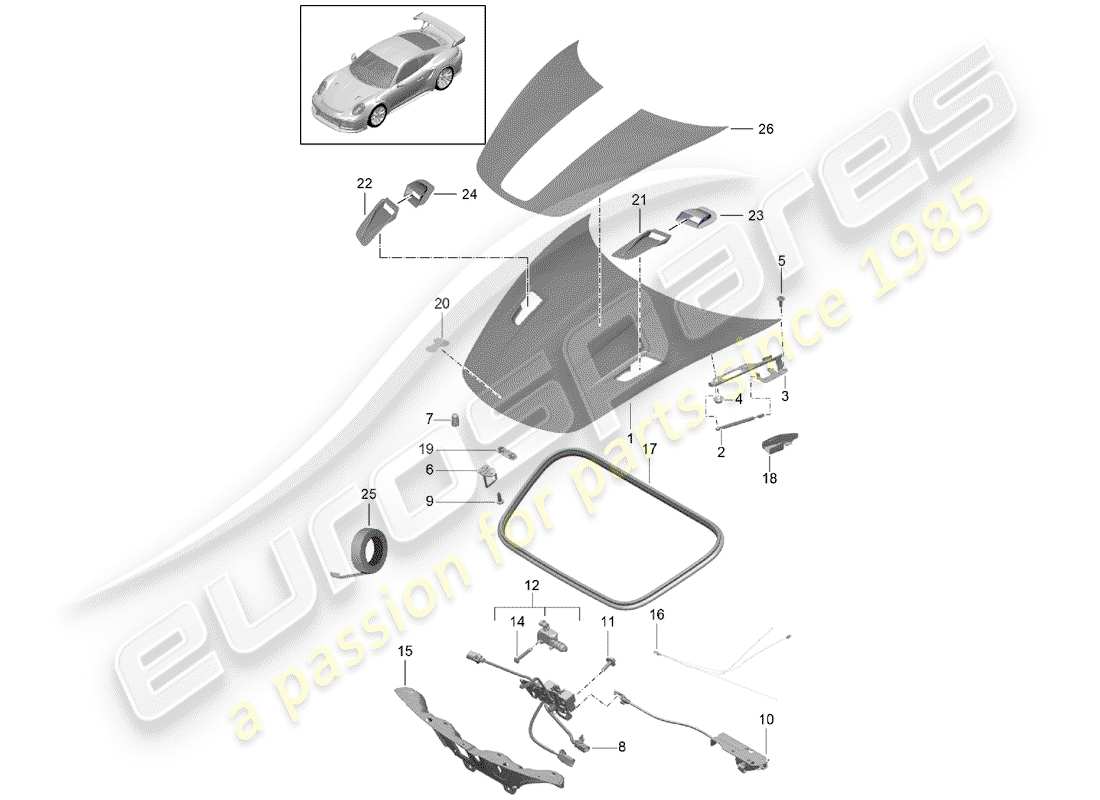 porsche 991 turbo (2015) hood parts diagram