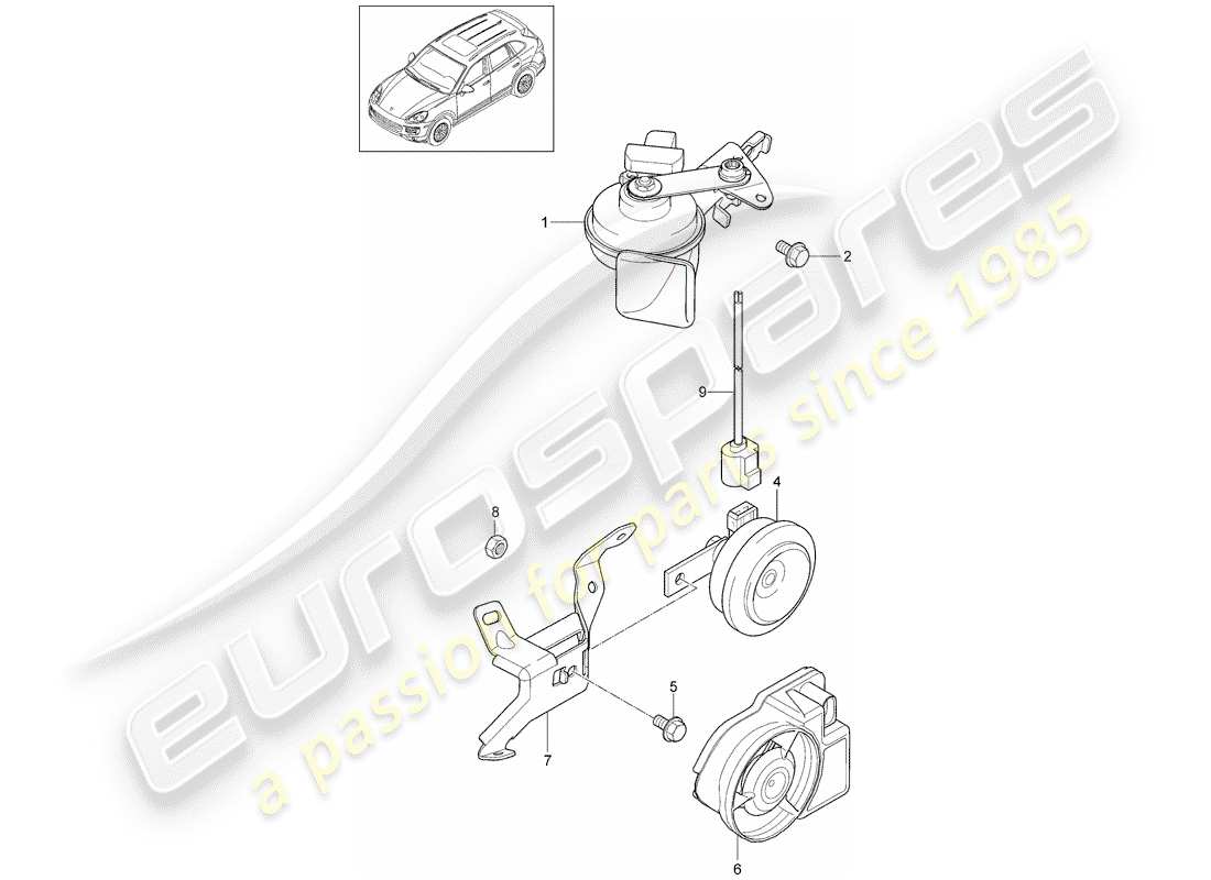 porsche cayenne e2 (2012) fanfare horn part diagram